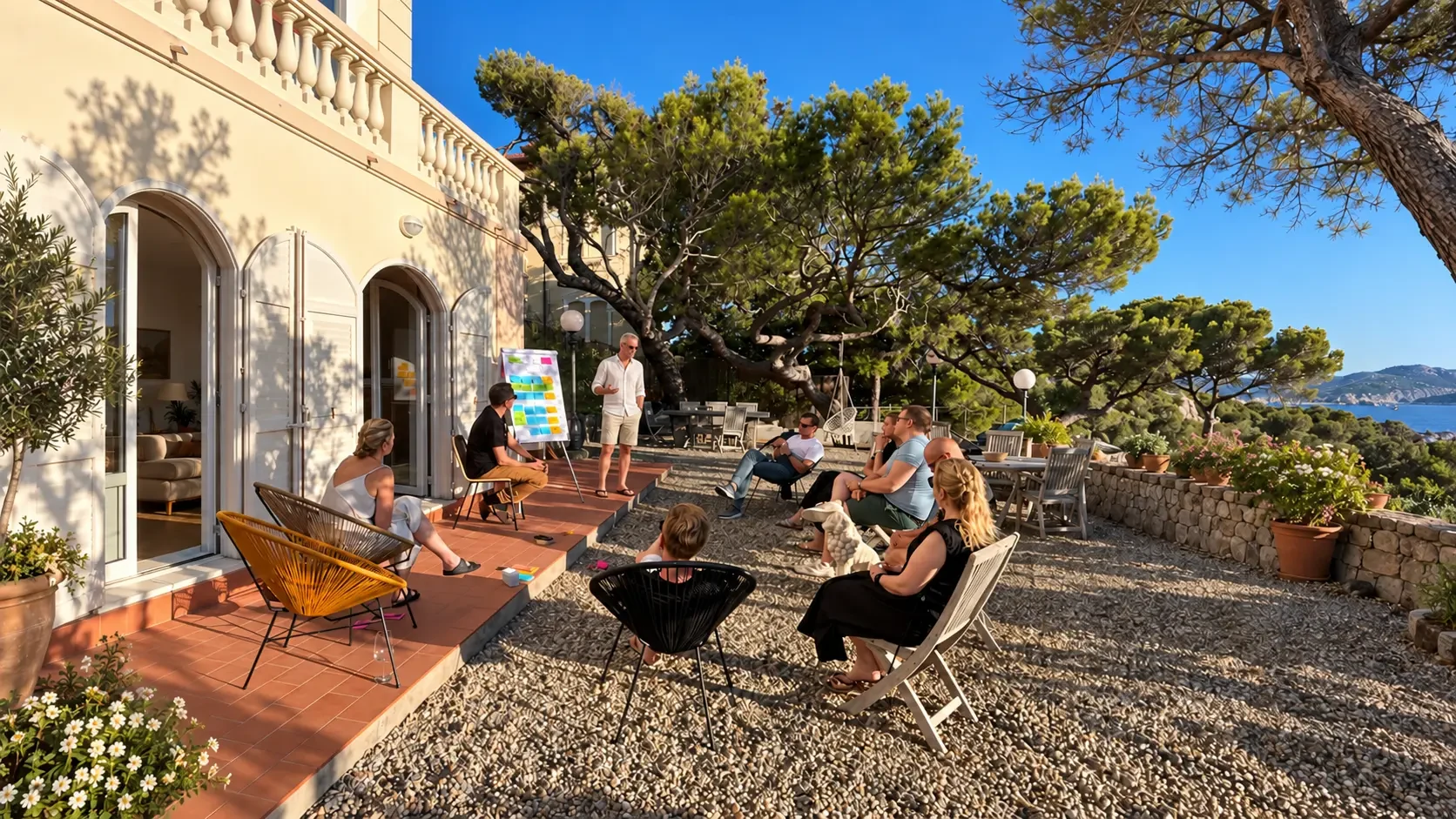 Führungsteam in einem Outdoor-Workshop bei Villa Sorriso in der Toskana